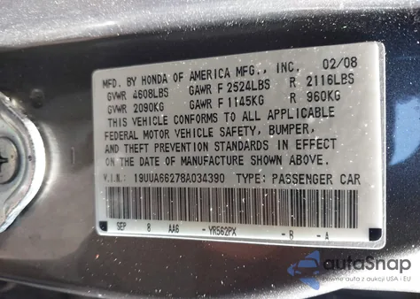 2008 Acura Tl 3.2 из США, поврежденный, VIN 19UUA66278A034390